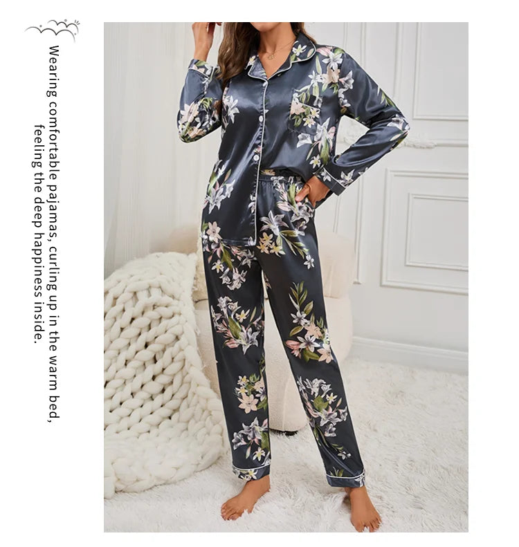 Pajamas For Women Home Clothes Autumn Satin Flower Print Sleepwear Long Sleeve Tops Pajama Pants Nightwear 2 Piece Pyjama Femme