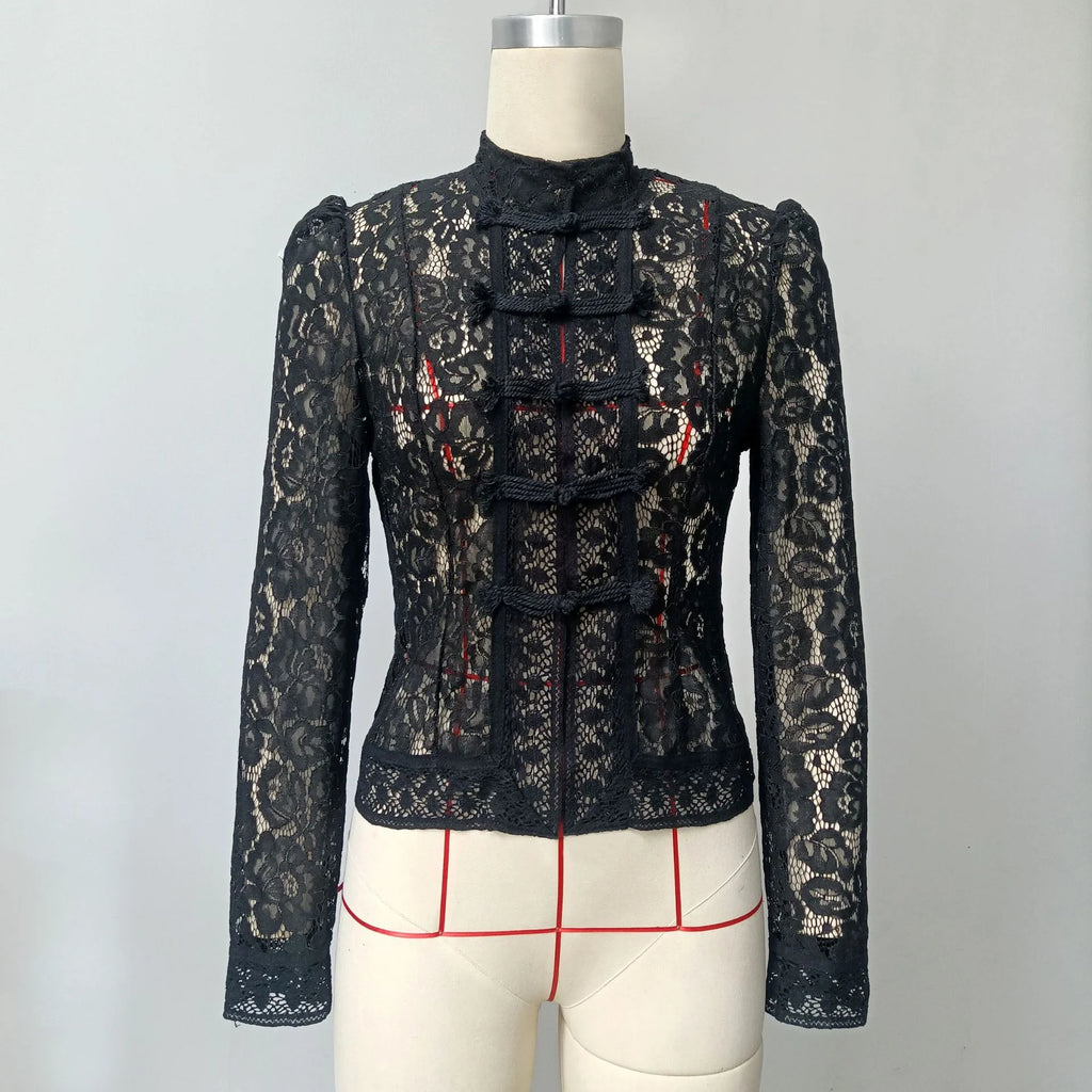 Tossy Summer Lace Printed Shirts Tops Female Hollow Out Fashion Commute Vintage See-Through Blouse Women's Lace Shrug Shirts New