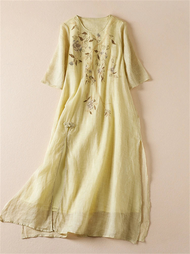 Summer Print Vintage Dresses For Women 2025 New Casual Long Thin Breathable Dress Femme Robe Office Lady Work Elegant Clothing