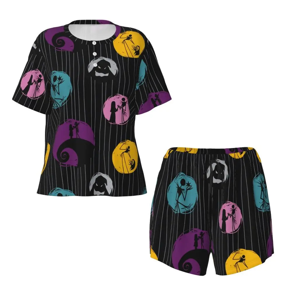 Women's Nightmare Before Christmas Jack Skellington Pajamas Set Printed 2 Piece Pjs Sets Short Sleeve Sleepwear Loungewear