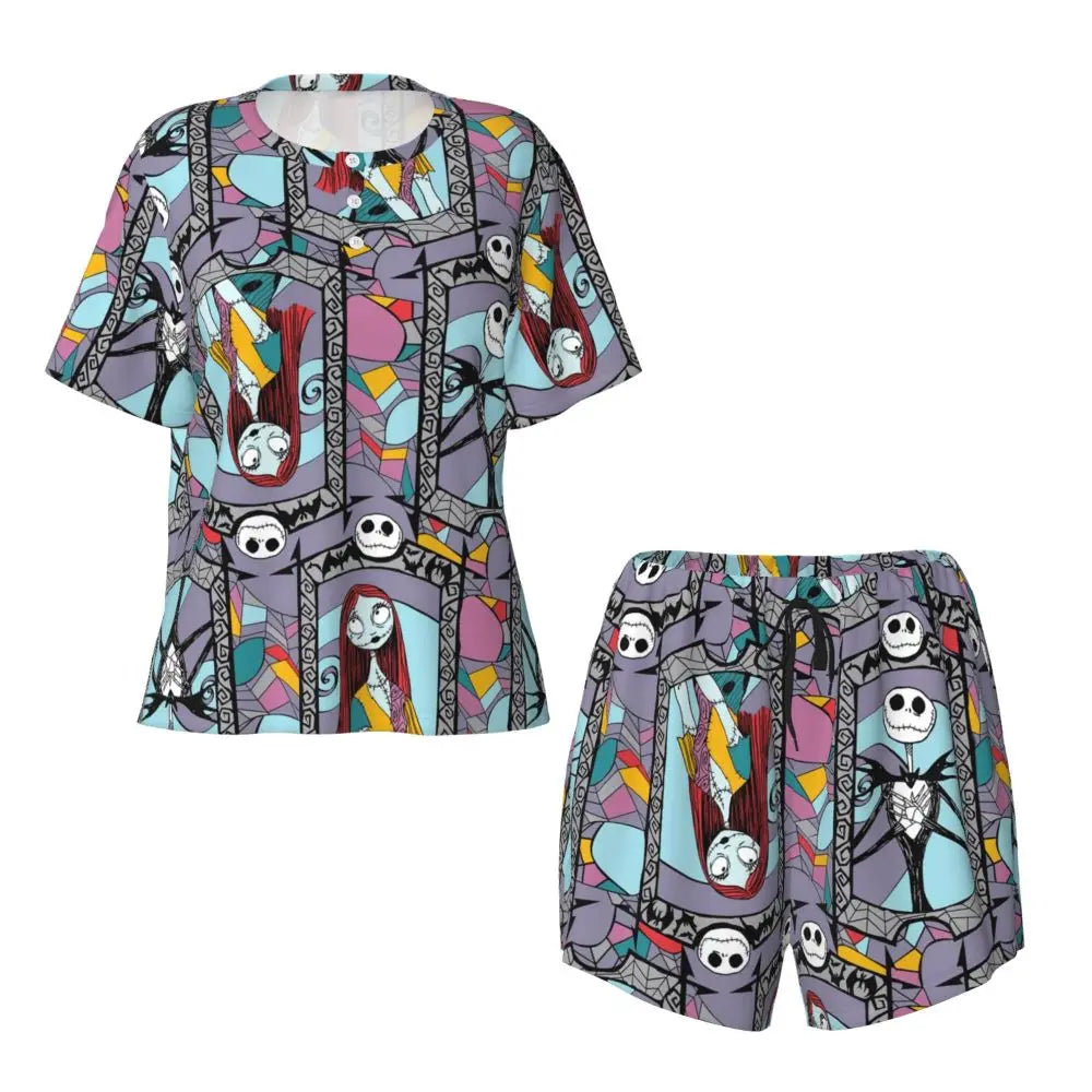 Women's Nightmare Before Christmas Jack Skellington Pajamas Set Printed 2 Piece Pjs Sets Short Sleeve Sleepwear Loungewear