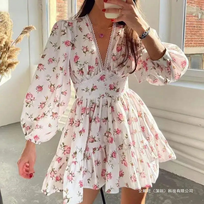 Print Women's Dress Summer Fashion Floral Lace Deep V-neck Dress For Women Casual Beach Vacation  Sundress Slim A-line Dresses