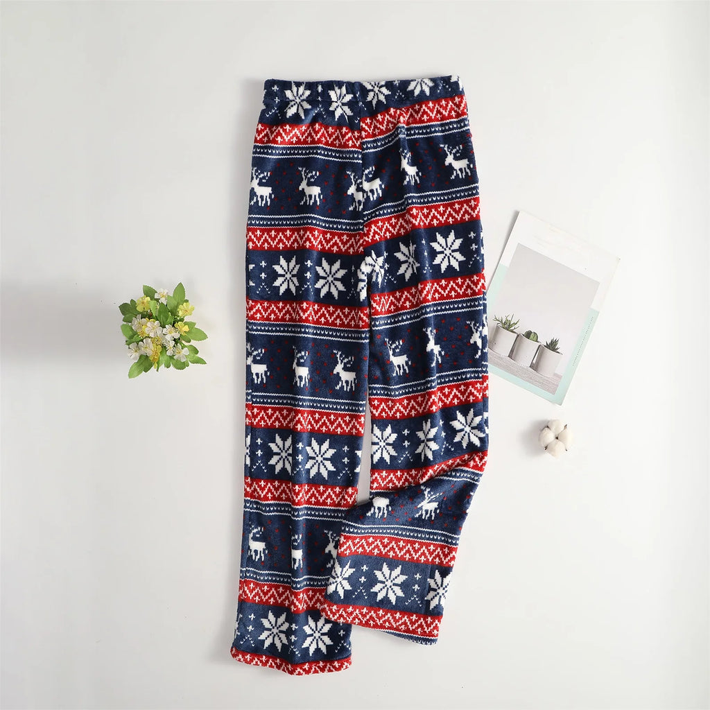 Women Christmas Printed Pajama Pants Winter Warm Soft Plush Sleep Pants Comfy Elastic Waist Home Clothes Bottoms with 2 Pockets