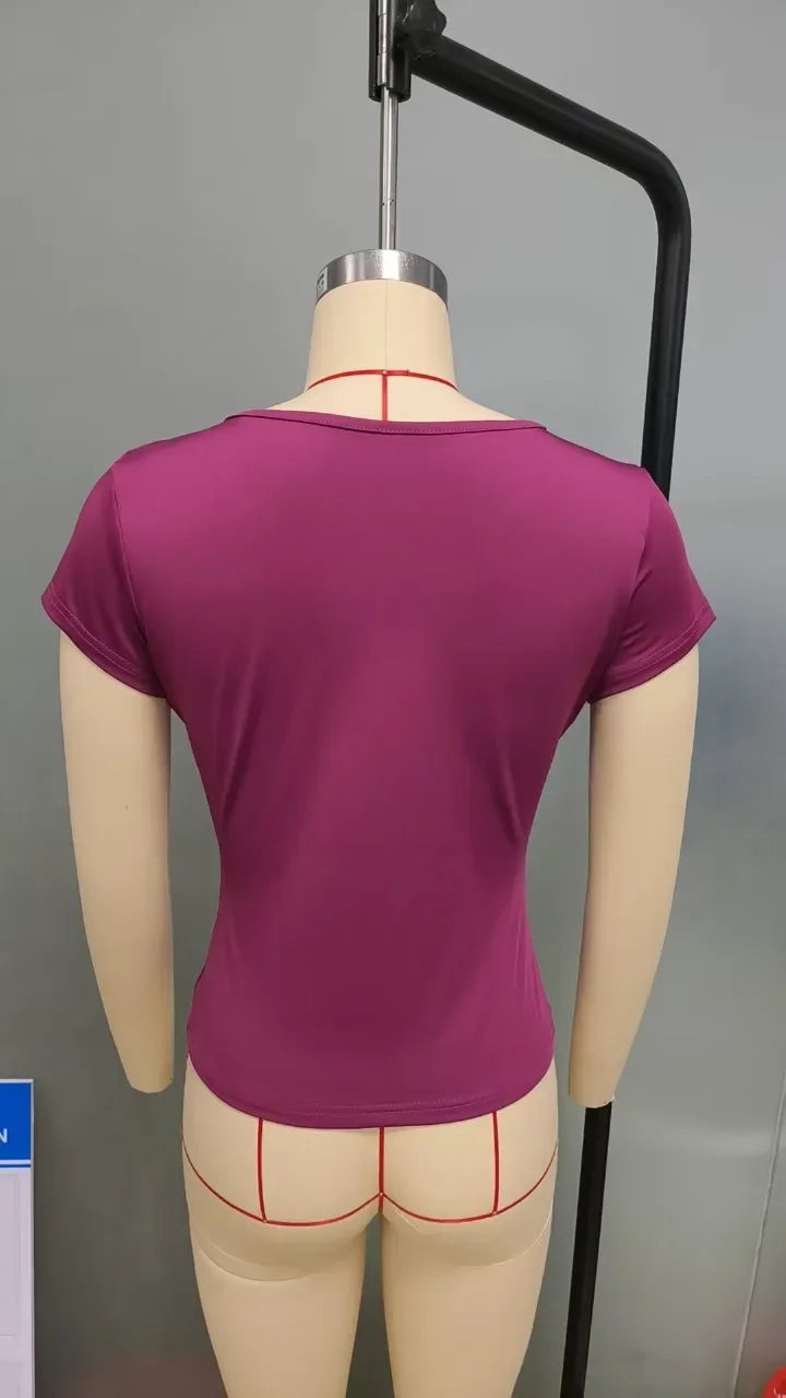 2025 Summer Women T-shirts V-neck Slim Fit Short Sleeve Solid Color Casual Top Ladies Clothing Female Fashion Trendy Pro Choice