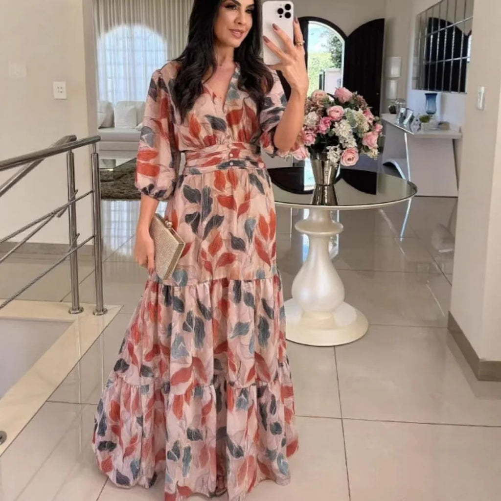 Summer Women Dresses Floral Print Ruffles Boho V-neck Short Sleeve Casual Loose Beach Dress Elegant Holiday Maxi Long Dress Robe