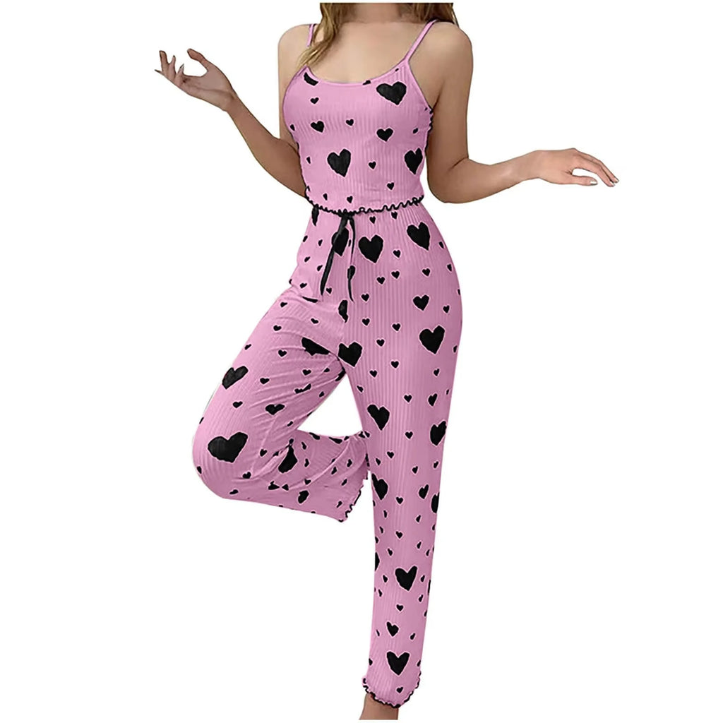 2025New Women pajamas plus size pajamas set 2 piece short vest + trouser white breathable soft casual love print