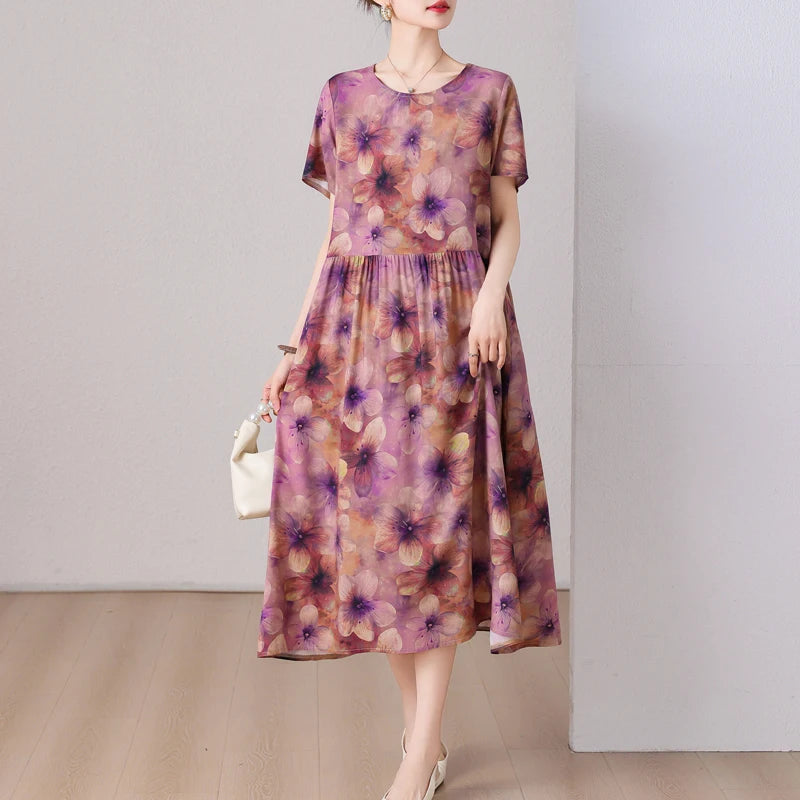 summer dress elegant clothing 2025 short sleeve  vintage floral new  dresses for women casual loose long