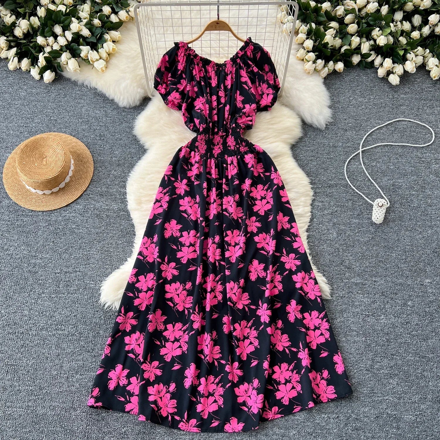 Summer Women Dress Loose Korean Style Bohemian Floral  New  Beach Off-Shoulder Print Casual Vintage Vestidos Robe Maxi Dresses