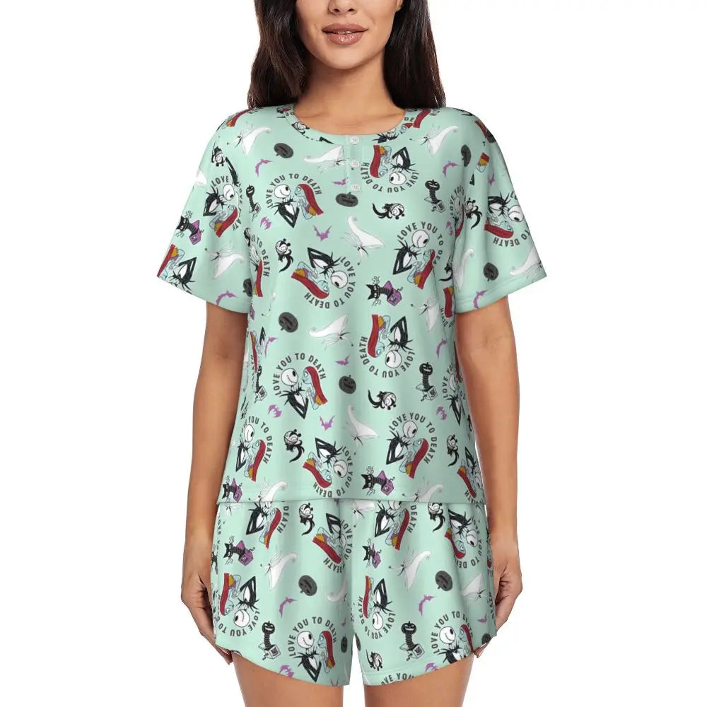 Women's Nightmare Before Christmas Jack Skellington Pajamas Set Printed 2 Piece Pjs Sets Short Sleeve Sleepwear Loungewear