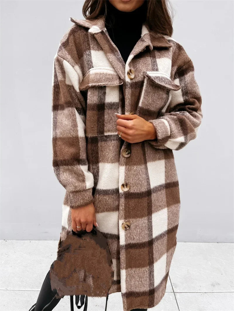 Women Check Tweed Long Shirt Autumn Winter Thickened Warm Single-breasted Cardigan Blouse Female Casual Double Pockets Outerwear