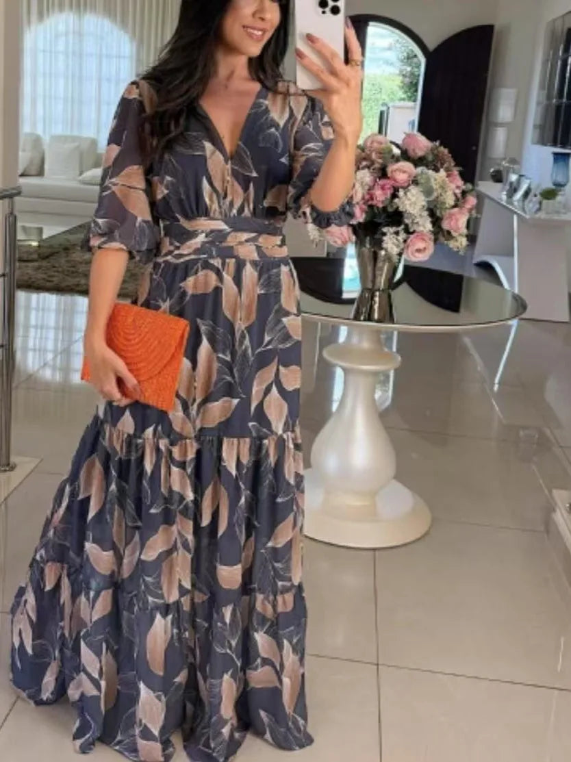 Summer Women Dresses Floral Print Ruffles Boho V-neck Short Sleeve Casual Loose Beach Dress Elegant Holiday Maxi Long Dress Robe