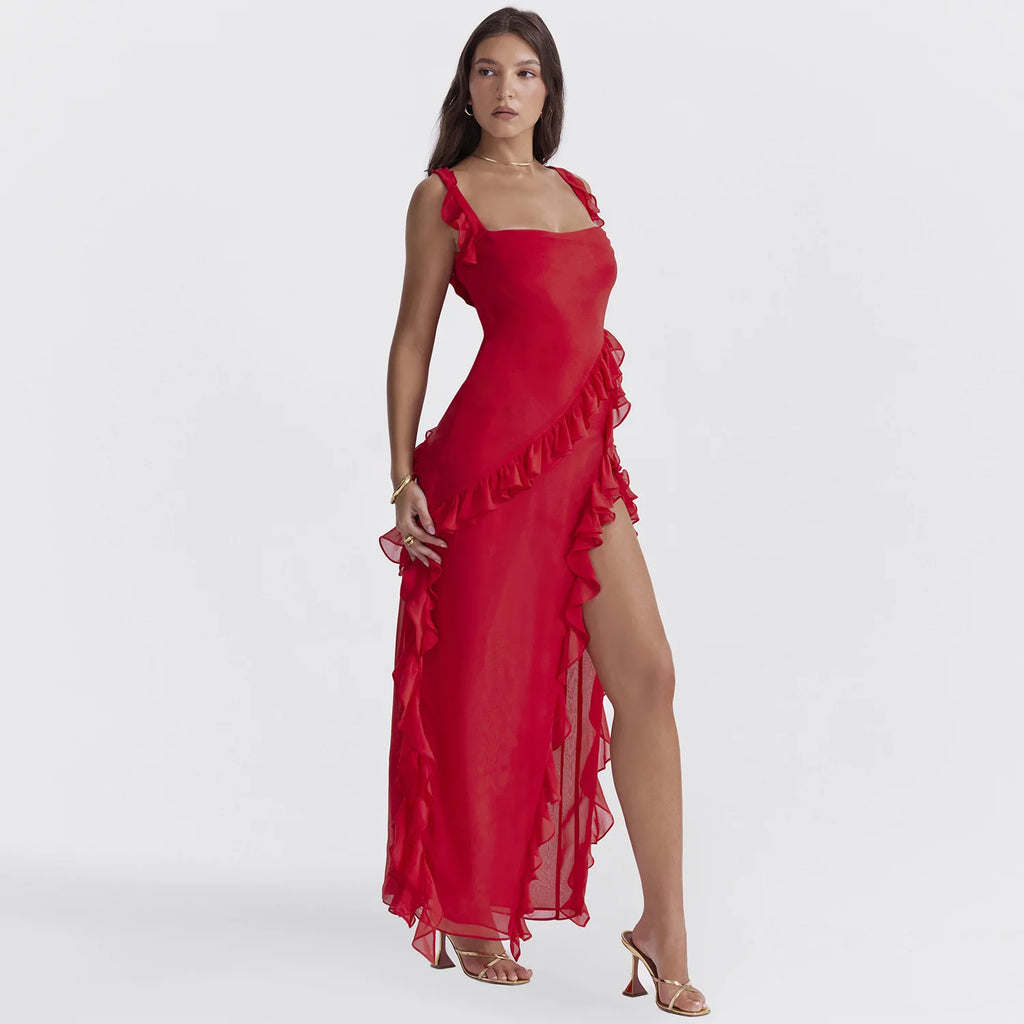 Sexy Summer Elegant Long Dresses For Women Backlesss Sexy Dress Red High Slit Streamer Vestidos Elegant Women's Party Dresses