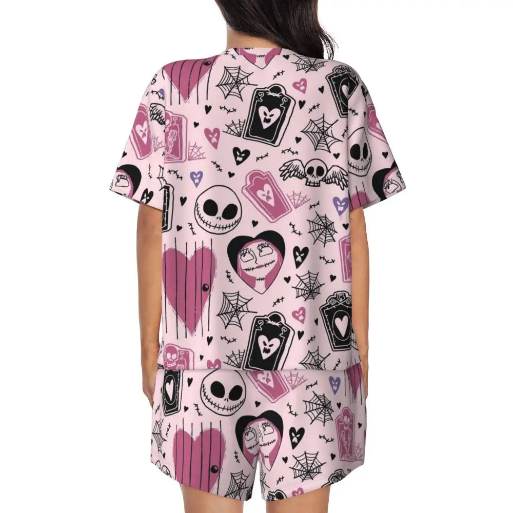 Women's Nightmare Before Christmas Jack Skellington Pajamas Set Printed 2 Piece Pjs Sets Short Sleeve Sleepwear Loungewear