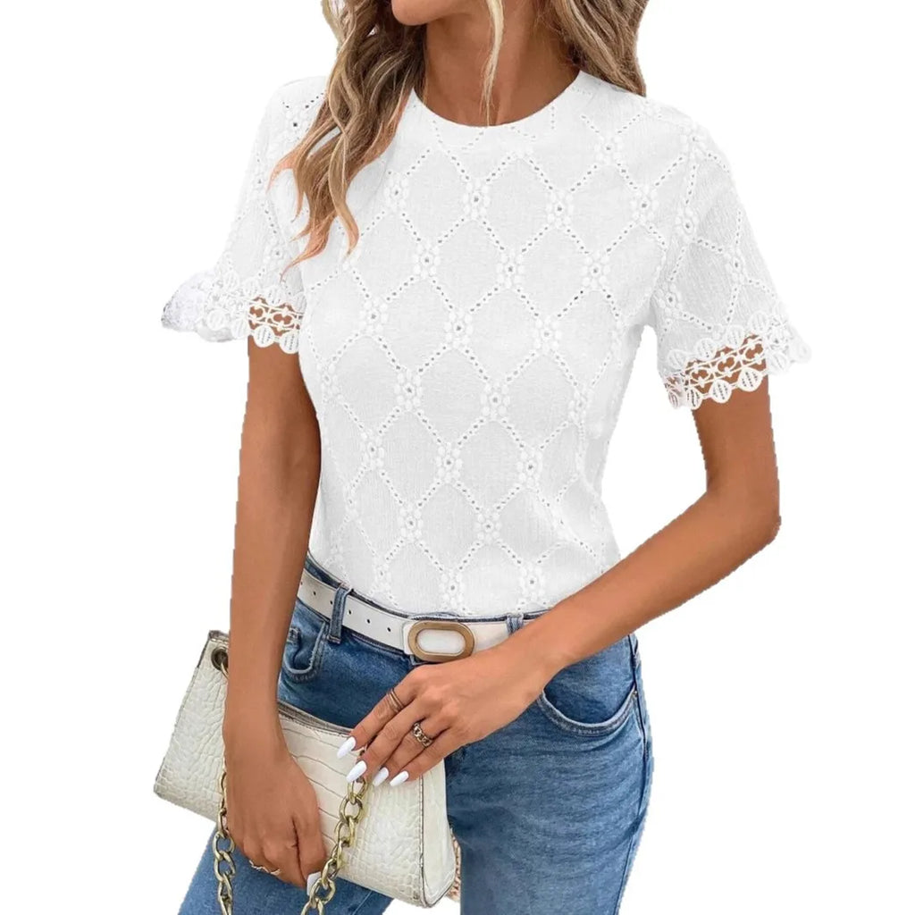 Women Summer T Shirts Short Sleeve Round Neck Jacquard Elegant Tops Hollow Out Large Size Loose High Quality Short Sleeve Tops