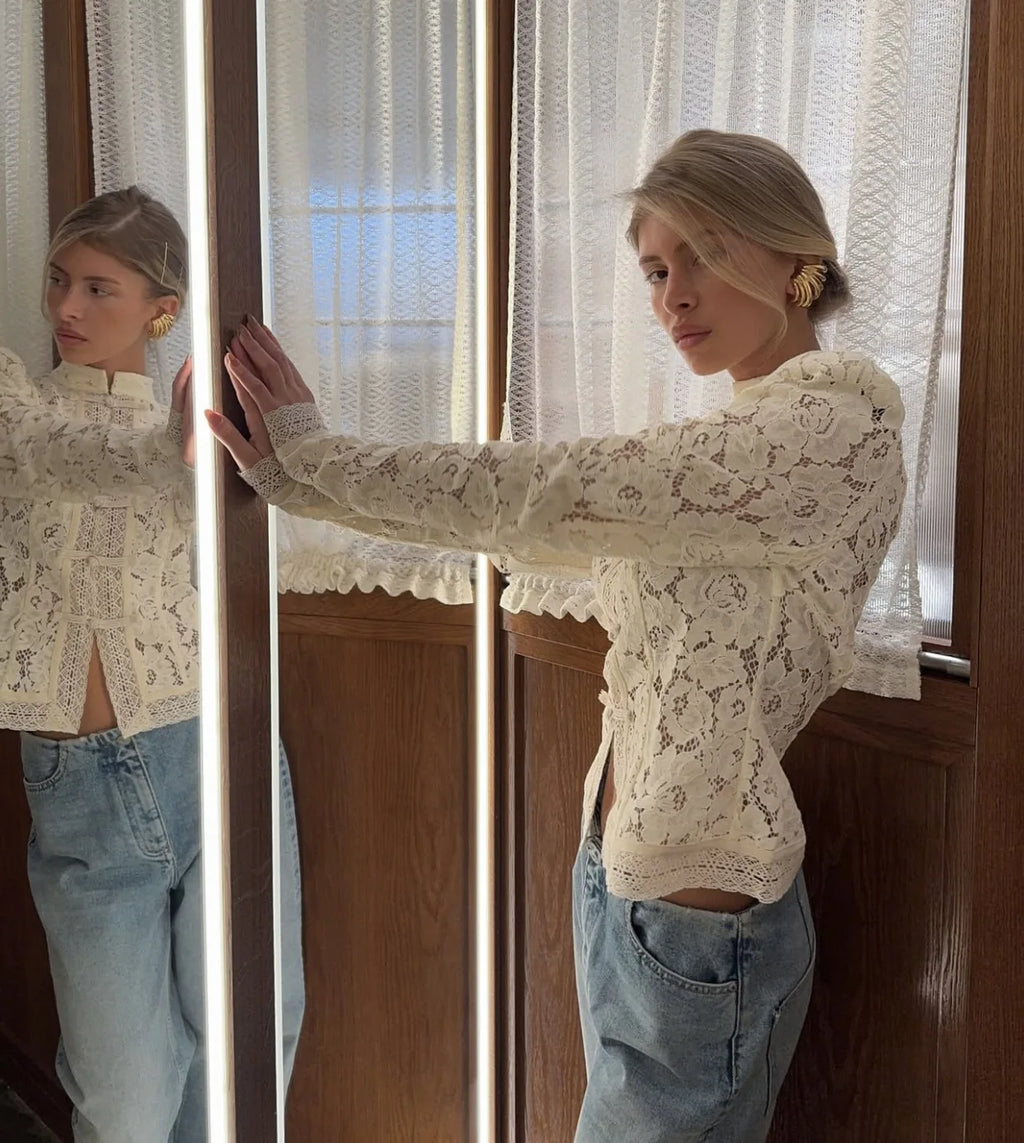 Tossy Summer Lace Printed Shirts Tops Female Hollow Out Fashion Commute Vintage See-Through Blouse Women's Lace Shrug Shirts New