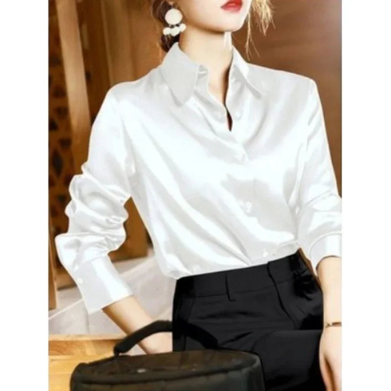 Summer Trend Fashion Women's Casual Elegant Satin Long Sleeved Shirt Office Women's Shirts And Blouses Slim Femal Clothes