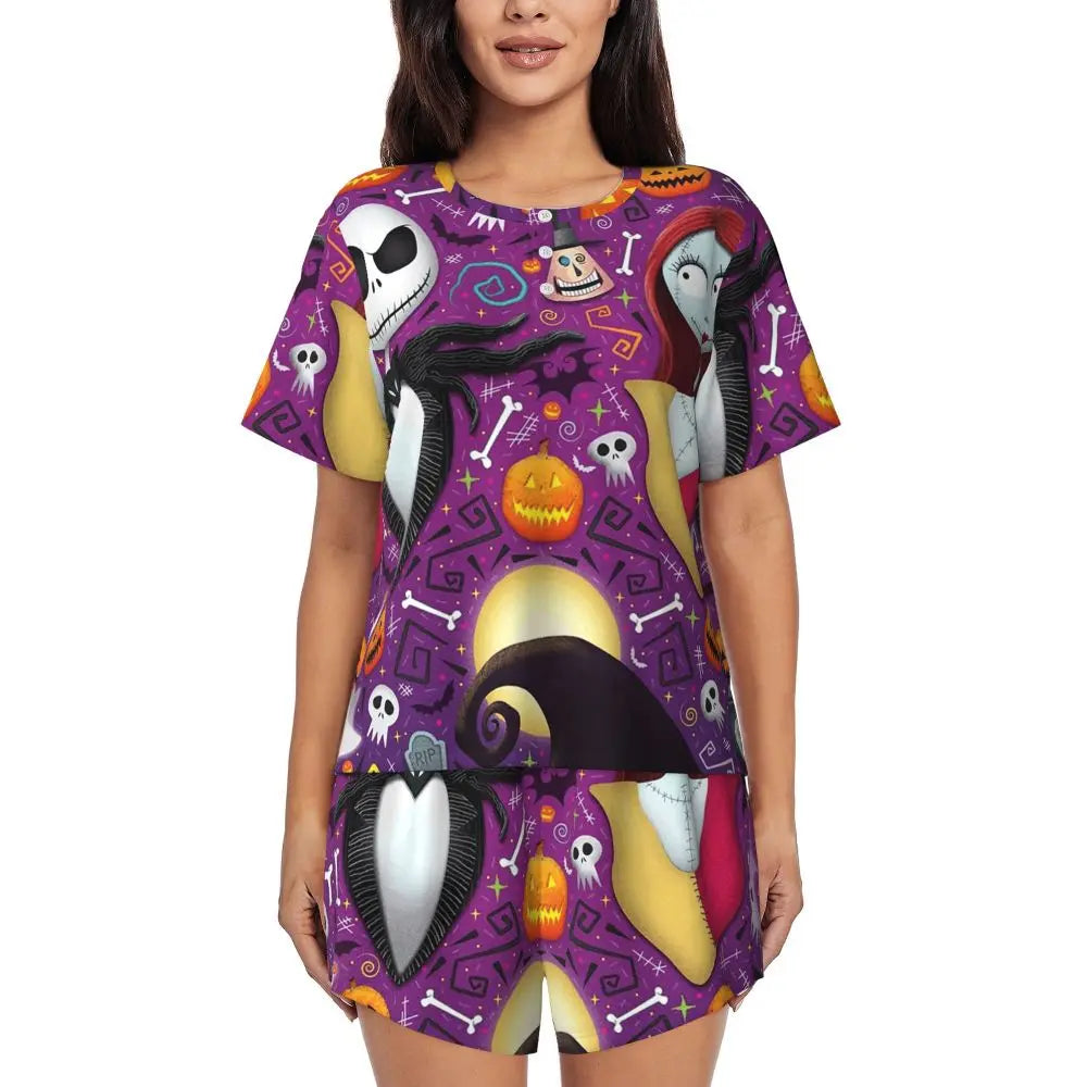 Women's Nightmare Before Christmas Jack Skellington Pajamas Set Printed 2 Piece Pjs Sets Short Sleeve Sleepwear Loungewear