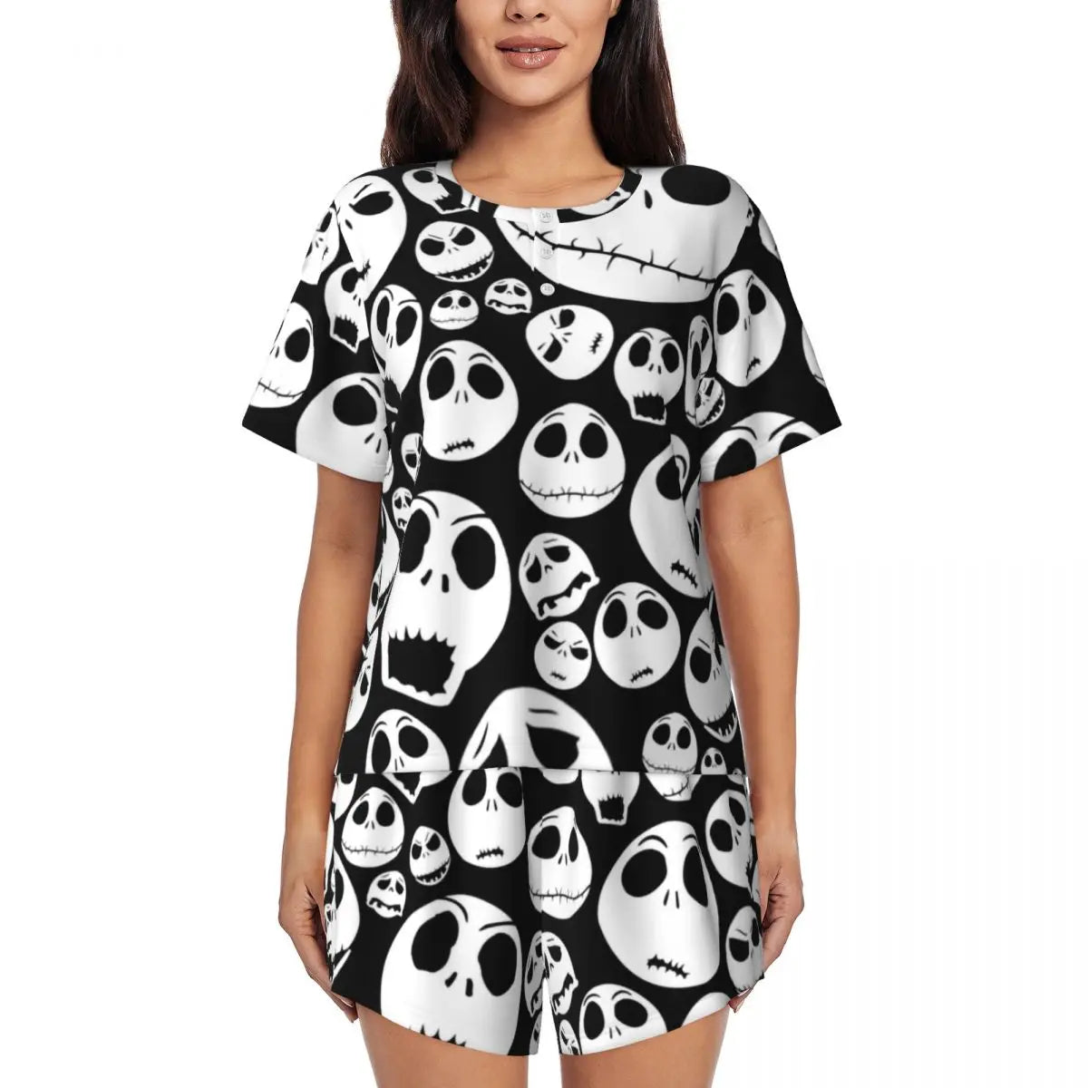Women's Nightmare Before Christmas Jack Skellington Pajamas Set Printed 2 Piece Pjs Sets Short Sleeve Sleepwear Loungewear
