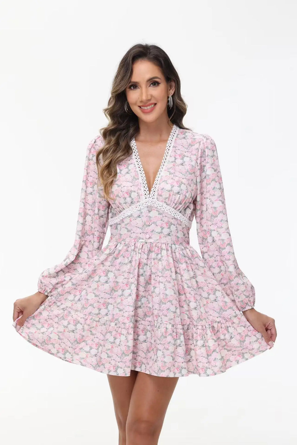 Print Women's Dress Summer Fashion Floral Lace Deep V-neck Dress For Women Casual Beach Vacation  Sundress Slim A-line Dresses